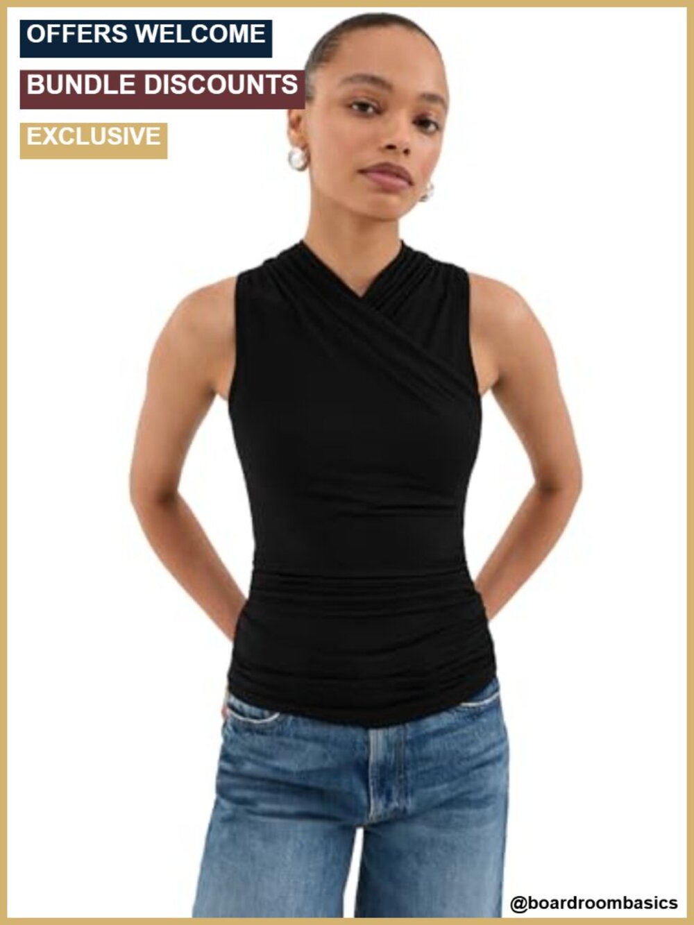 LE BOP Women's Naomi Top Ruched Waist Surplice Neck Fitted